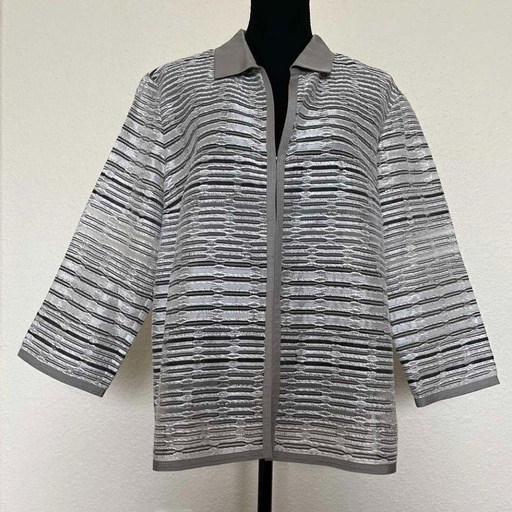 Lafayette 148 New York Gray Shimmer Stripe Open Open Jacket Lightweight sz M - Picture 2 of 11